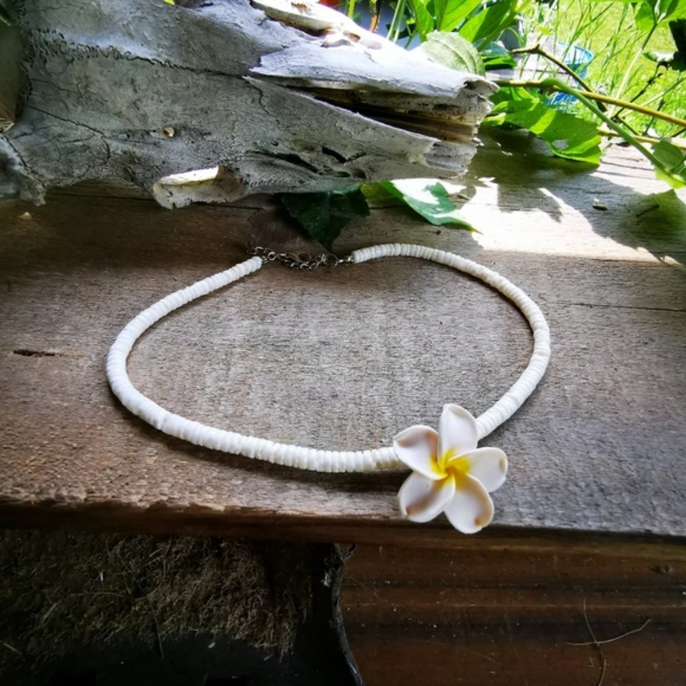 Puka Shell and Plumeria Flower Necklace